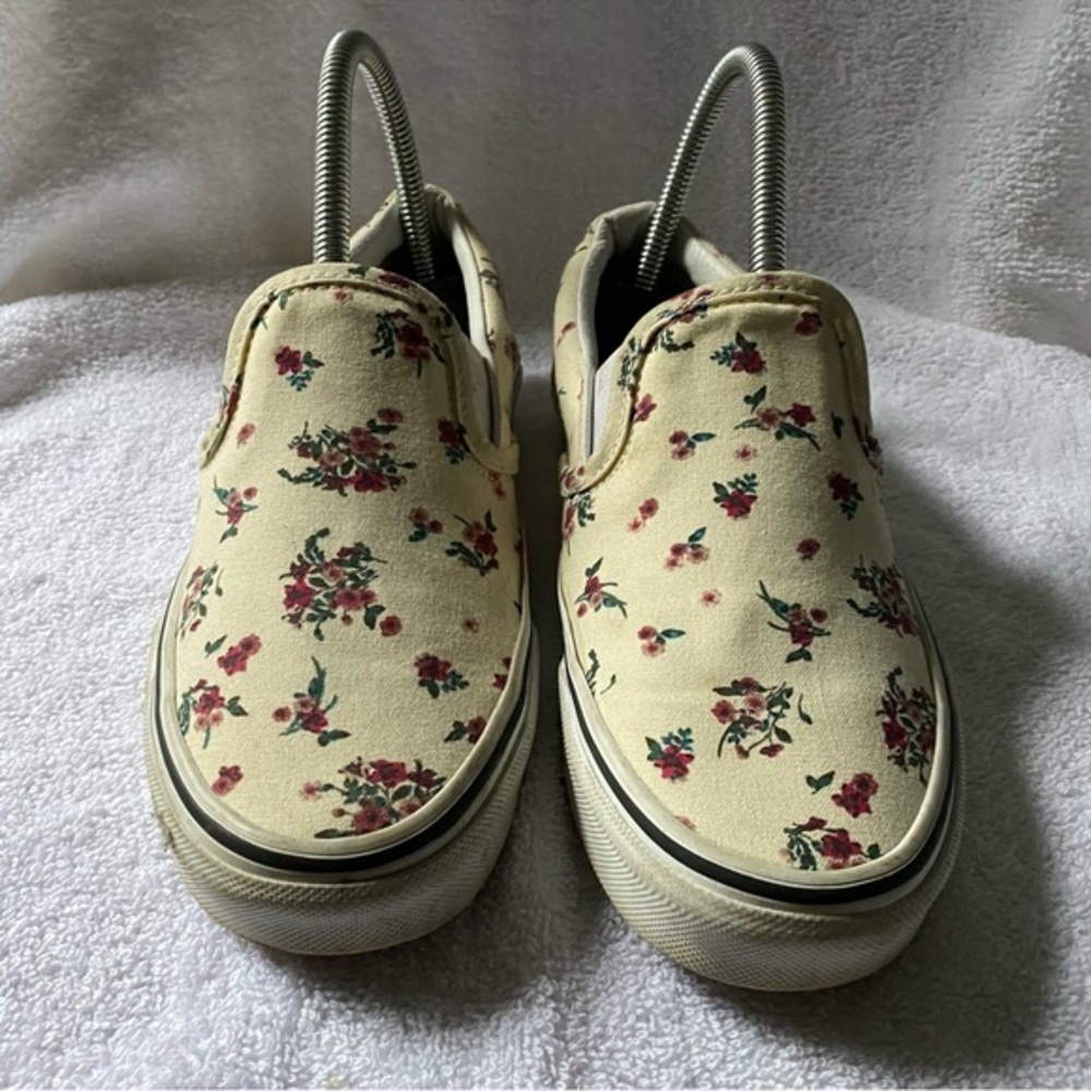 Vans Floral Slip-On Flats in Cream with Pink & Green Accents